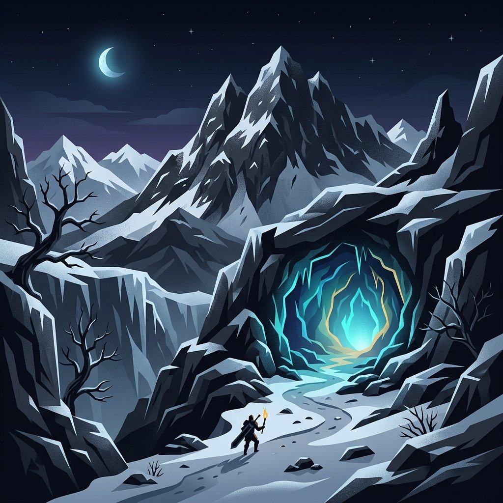 A premium minimalistic illustration of the new Frostbound mountainous biome with glowing ice caves