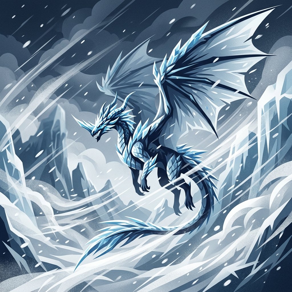 Premium minimalistic illustration of the new Glaciarch elder dragon soaring through a dense blizzard