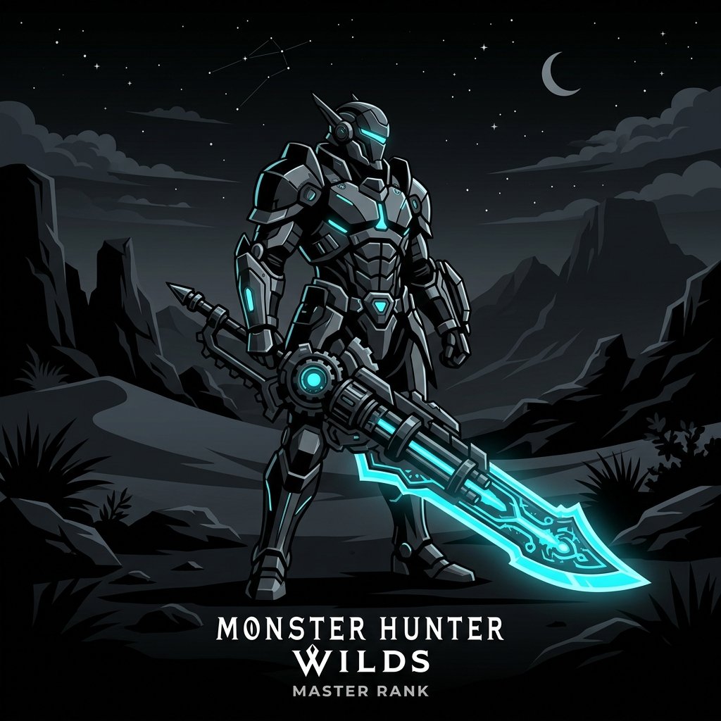 Minimalistic premium illustration of the new futuristic heavy Master Rank armor and mechanical weapons