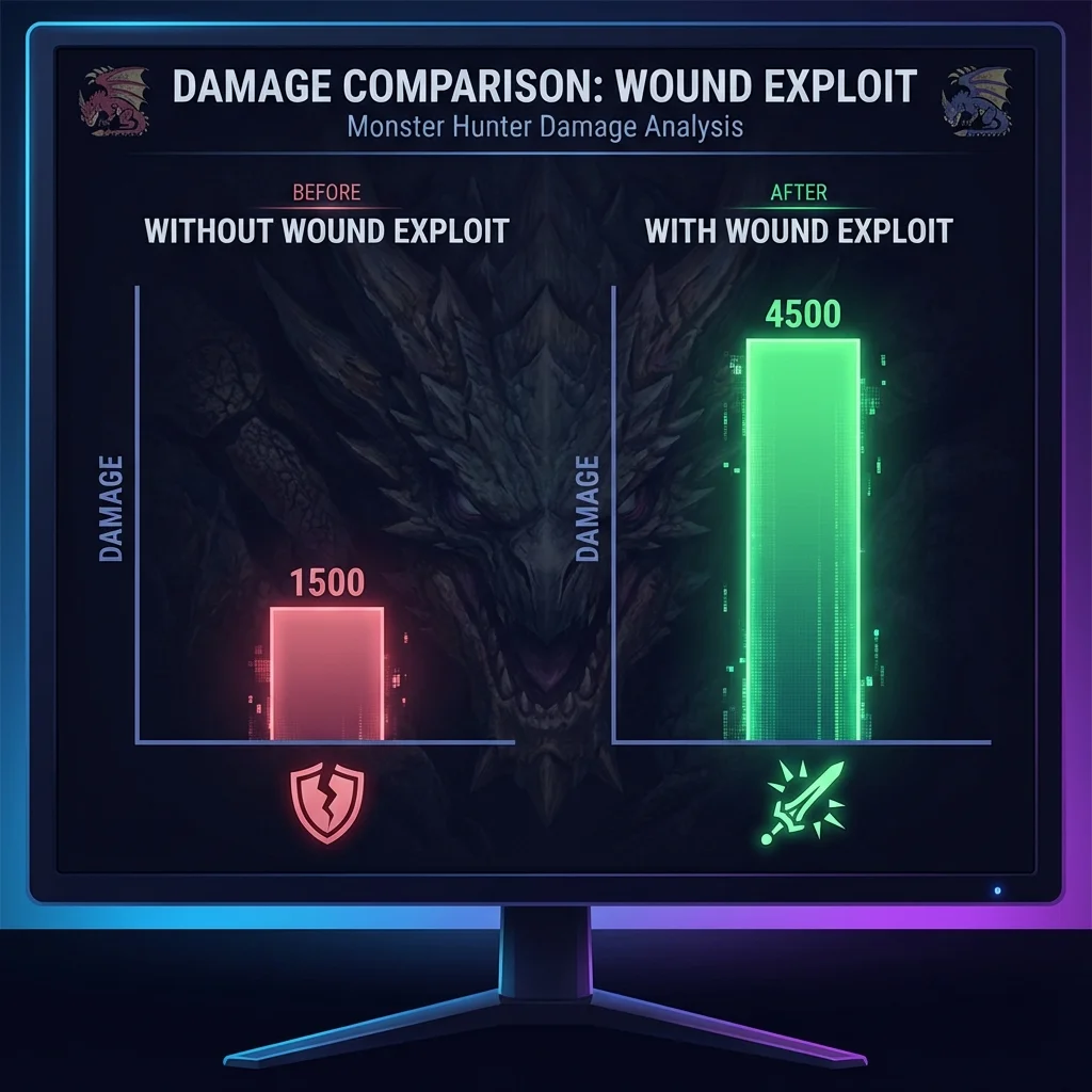 Damage comparison with and without wound exploit in MH Wilds