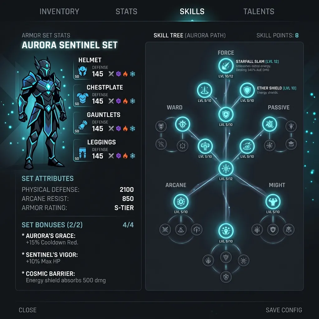 Armor stats and skill tree interface for optimal MH Wilds Dual Blades Builds
