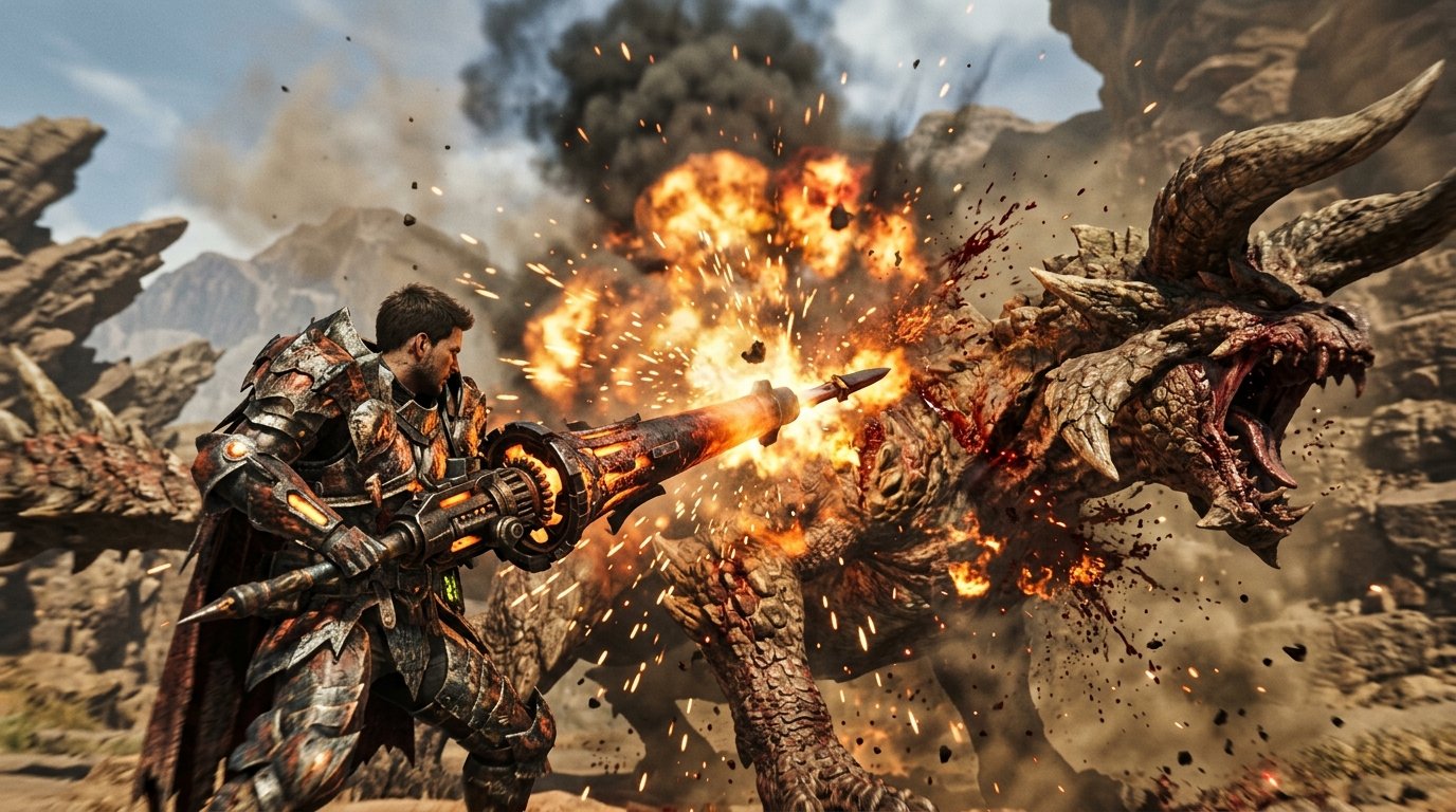 Monster Hunter Wilds Gunlance Full Burst and Wyrmstake Cannon detonation against a monster wound