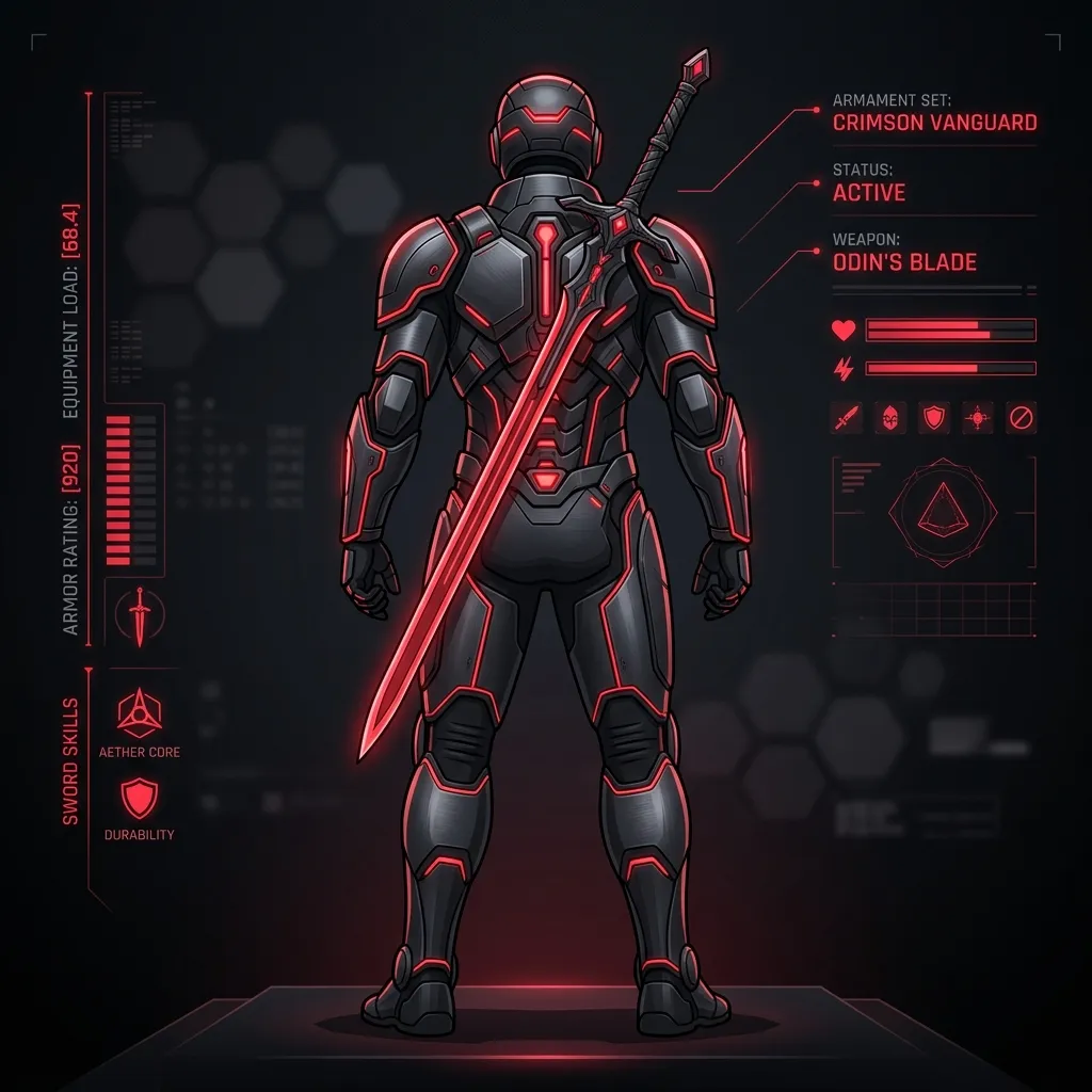 Detailed armor interface for the best MH Wilds Long Sword Build featuring glowing red accents