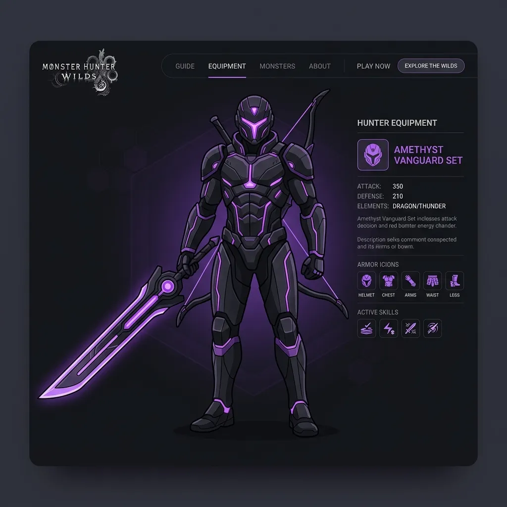 Minimalistic and premium illustration of futuristic high-tier hunter armor and weapons in Monster Hunter Wilds